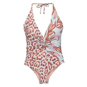 PatBo Mixed Leopard and Peace Lily Print Deep-V One Piece Swimsuit XS